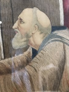Fine Victorian Silk Work Prayer Tapestry Portrait St Raymond At The Alter Praying To A Crucifix Of Christ With A Young Price In Royal Attire Overlooking Him Set In Gilt Wood Frame Dated 1870-1890 Stunning Quality Silk Work Tapestry With Intricate Details Beautiful Condition Religious Collectors Item Dimensions In Inches Height 27” Width 21”