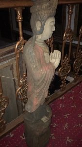 Large Oriental Carved Statue Of A Goddess From The Orient Finely Carved From One Solid Tree Trunk Stunning Detail Of The Face, Headdress And Oriental Outfit Collectors Piece Circa 1890 Dimensions In Inches Height 45” Width 11” Depth 8”