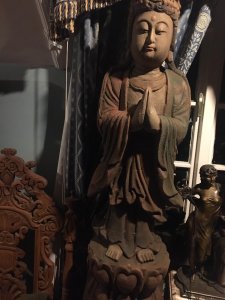 Large Oriental Carved Statue Of A Goddess From The Orient Finely Carved From One Solid Tree Trunk Stunning Detail Of The Face, Headdress And Oriental Outfit Collectors Piece Circa 1890 Dimensions In Inches Height 45” Width 11” Depth 8”