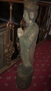 Large Oriental Carved Statue Of A Goddess From The Orient Finely Carved From One Solid Tree Trunk Stunning Detail Of The Face, Headdress And Oriental Outfit Collectors Piece Circa 1890 Dimensions In Inches Height 45” Width 11” Depth 8”