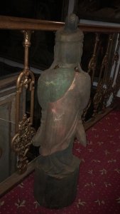 Large Oriental Carved Statue Of A Goddess From The Orient Finely Carved From One Solid Tree Trunk Stunning Detail Of The Face, Headdress And Oriental Outfit Collectors Piece Circa 1890 Dimensions In Inches Height 45” Width 11” Depth 8”
