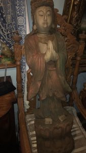 Large Oriental Carved Statue Of A Goddess From The Orient Finely Carved From One Solid Tree Trunk Stunning Detail Of The Face, Headdress And Oriental Outfit Collectors Piece Circa 1890 Dimensions In Inches Height 45” Width 11” Depth 8”