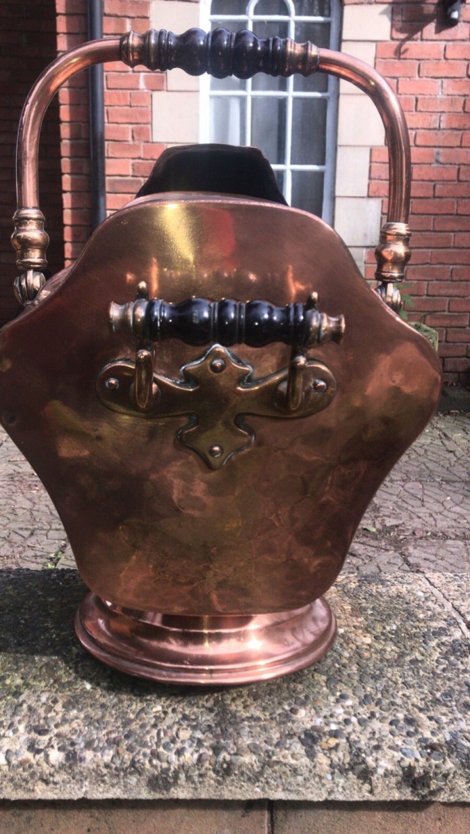 Fine Period 1820 Georgian Helmet Coal Scuttle With Original Coat Shovel