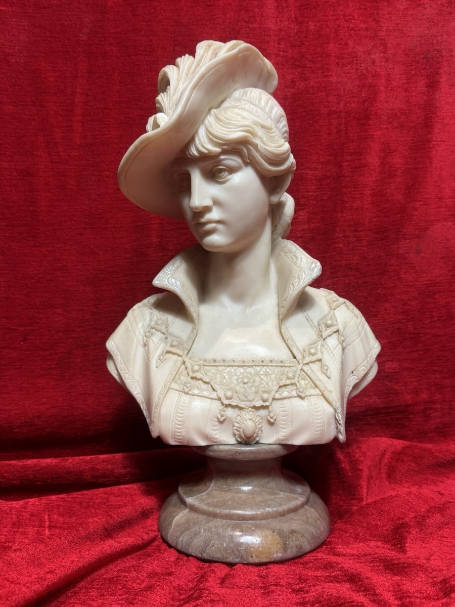 Primary image for Italian Arnaldo Giannelli Neoclassical Style Lady Wearing Feather Hatmarble Bust