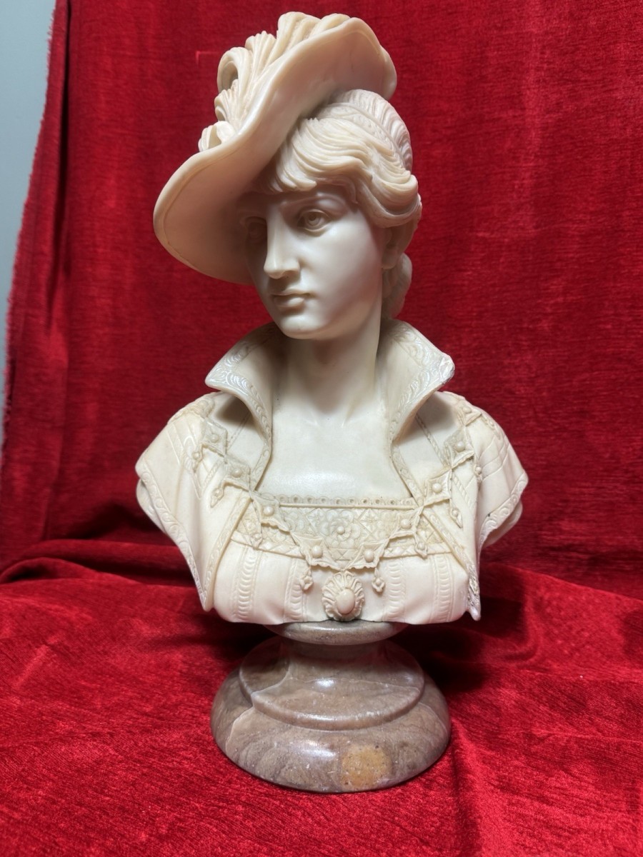 Italian Arnaldo Giannelli Neoclassical Style Lady Wearing Feather Hatmarble Bust