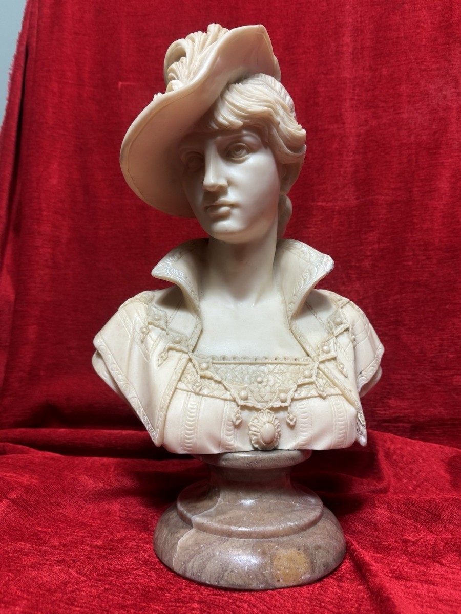 Italian Arnaldo Giannelli Neoclassical Style Lady Wearing Feather Hatmarble Bust