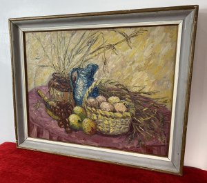 French Impressionist Oil Artwork Of Harvest Fruits After Claude Monet Title - The Fruit Harvest Circa - Early 20th Century Composition - Oil On Canvas Listing Description Wonderful Vibrant Still Life Artwork After Claude Monet Famous Artwork Titled 'Basket Of Apples'. The Artwork Depicts A Table Top Display In Front of Rich Yellow Wall With Rich Burgundy Table Cloth. Laid Up With Turned Wicker Basket Filled With Ripe Peaches , Red Grapes In Ladle And Large Green Apples. A Large Blue Ceramic Water Jug Draws The Eye And Terracotta Pot With Wheat Sheaves. A Exceptional Autumnal Conversation Piece Crafted Using A Pallet Knife And Fine Brush Work In Thick Oils By Accomplished Artist. Signed And Set In Wood And Gilt Work Frame. Condition - Excellent Dimensions In Inches Height 22” Width 28.5”