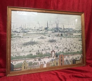 Sunday Afternoon "The Battle of Life" By Laurence Steven Lowry Print On Board Circa - 1949 Composition - Original Vintage Mezzotint Brief Artist History Laurence Stephen Lowry 1887-1976 Born into a middle class family and raised in the leafy outskirts of Manchester. Lowrys famous for painting scenes of life in in industrial districts of the North West Of England, where he lived and worked for more than 40 years. He developed a distinctive style of Nieve painting and is best known for his urban landscapes with multiple figures referred to as "Matchstick men". Lowry was never a full time artist. In his early 20's he took a job as a rent collector, and this would be his primary trade for four decades. Although Lowry painted most days after work, Often late into the night, and firmly rejected the term 'Sunday Painter' Remarking 'I'm a Sunday painter that paints every day of the week!" Lowry never adopted a impressionist colour palette and claimed to use five colours vermillion, ivory black, Prussian blue, yellow ochre and flake white. A large collection of Lowrys artworks are on permanent display in 'The Lowry Art Gallery' Salford Quays, named in his honour. Listing Description RARE OPPORTUNITY TO BUY THIS ORIGINAL VINTAGE MEZZOTINT. This Original Vintage Mezzotint Is a Copy Of The Original Painting Titled 'Sunday Afternoon' By L S Lowry, Which Had Been Unseen By The Public For 57 Years, Recently Sold At Auction 20th March 2025 For £6,400,000 At Christies London. The Original Artwork Remained At The Collection Of Sir Keith And Lady Showering Since 1967. The Composition Showcases Peel Park And Represents The Wonders Lowry Felt AS He Recorded His Many Observations Of The Evolving Society Around Him. Sunday Afternoon's Epic And Highly Populated Landscape Exemplifies Some Of The Most Widely Celebrated Themes, Landmarks And Motifs From Within The Lowry Oeuvre, Something Incredibly Rare To See Within A Single Composition. This Mezzotint Set In Original Glazed Hardwood Frame. Dimensions In Cms Height 59cm X Width 78.5cm For Further Details Or To Arrange A Viewing Please Call The Museum Curator Leslie 07707 488566 Thank-you.