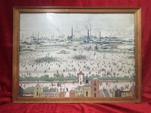 Sunday Afternoon "The Battle of Life" By Laurence Steven Lowry Print On Board Circa - 1949 Composition - Original Vintage Mezzotint Brief Artist History Laurence Stephen Lowry 1887-1976 Born into a middle class family and raised in the leafy outskirts of Manchester. Lowrys famous for painting scenes of life in in industrial districts of the North West Of England, where he lived and worked for more than 40 years. He developed a distinctive style of Nieve painting and is best known for his urban landscapes with multiple figures referred to as "Matchstick men". Lowry was never a full time artist. In his early 20's he took a job as a rent collector, and this would be his primary trade for four decades. Although Lowry painted most days after work, Often late into the night, and firmly rejected the term 'Sunday Painter' Remarking 'I'm a Sunday painter that paints every day of the week!" Lowry never adopted a impressionist colour palette and claimed to use five colours vermillion, ivory black, Prussian blue, yellow ochre and flake white. A large collection of Lowrys artworks are on permanent display in 'The Lowry Art Gallery' Salford Quays, named in his honour. Listing Description RARE OPPORTUNITY TO BUY THIS ORIGINAL VINTAGE MEZZOTINT. This Original Vintage Mezzotint Is a Copy Of The Original Painting Titled 'Sunday Afternoon' By L S Lowry, Which Had Been Unseen By The Public For 57 Years, Recently Sold At Auction 20th March 2025 For £6,400,000 At Christies London. The Original Artwork Remained At The Collection Of Sir Keith And Lady Showering Since 1967. The Composition Showcases Peel Park And Represents The Wonders Lowry Felt AS He Recorded His Many Observations Of The Evolving Society Around Him. Sunday Afternoon's Epic And Highly Populated Landscape Exemplifies Some Of The Most Widely Celebrated Themes, Landmarks And Motifs From Within The Lowry Oeuvre, Something Incredibly Rare To See Within A Single Composition. This Mezzotint Set In Original Glazed Hardwood Frame. Dimensions In Cms Height 59cm X Width 78.5cm For Further Details Or To Arrange A Viewing Please Call The Museum Curator Leslie 07707 488566 Thank-you.