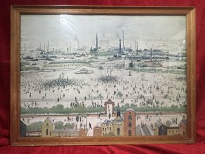 Sunday Afternoon "The Battle of Life" By Laurence Steven Lowry Print On Board Circa - 1949 Composition - Original Vintage Mezzotint Brief Artist History Laurence Stephen Lowry 1887-1976 Born into a middle class family and raised in the leafy outskirts of Manchester. Lowrys famous for painting scenes of life in in industrial districts of the North West Of England, where he lived and worked for more than 40 years. He developed a distinctive style of Nieve painting and is best known for his urban landscapes with multiple figures referred to as "Matchstick men". Lowry was never a full time artist. In his early 20's he took a job as a rent collector, and this would be his primary trade for four decades. Although Lowry painted most days after work, Often late into the night, and firmly rejected the term 'Sunday Painter' Remarking 'I'm a Sunday painter that paints every day of the week!" Lowry never adopted a impressionist colour palette and claimed to use five colours vermillion, ivory black, Prussian blue, yellow ochre and flake white. A large collection of Lowrys artworks are on permanent display in 'The Lowry Art Gallery' Salford Quays, named in his honour. Listing Description RARE OPPORTUNITY TO BUY THIS ORIGINAL VINTAGE MEZZOTINT. This Original Vintage Mezzotint Is a Copy Of The Original Painting Titled 'Sunday Afternoon' By L S Lowry, Which Had Been Unseen By The Public For 57 Years, Recently Sold At Auction 20th March 2025 For £6,400,000 At Christies London. The Original Artwork Remained At The Collection Of Sir Keith And Lady Showering Since 1967. The Composition Showcases Peel Park And Represents The Wonders Lowry Felt AS He Recorded His Many Observations Of The Evolving Society Around Him. Sunday Afternoon's Epic And Highly Populated Landscape Exemplifies Some Of The Most Widely Celebrated Themes, Landmarks And Motifs From Within The Lowry Oeuvre, Something Incredibly Rare To See Within A Single Composition. This Mezzotint Set In Original Glazed Hardwood Frame. Dimensions In Cms Height 59cm X Width 78.5cm For Further Details Or To Arrange A Viewing Please Call The Museum Curator Leslie 07707 488566 Thank-you.