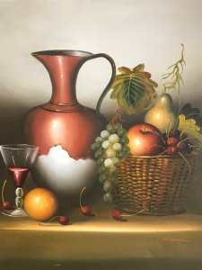 Original Work Of Art Contemporary Dutch Still Life Painting On Canvas Signed . Fine Display Of Basket Of Fruit With Large Wine Ewer And Glass Of Red Wine Set Upon Table Top Signed By The Artist Right Side Unframed Delightful Artwork Dimensions In Inches Height 24” Width 20”