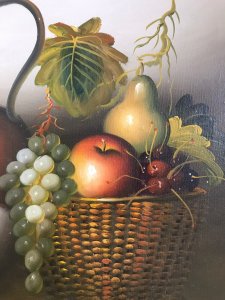 Original Work Of Art Contemporary Dutch Still Life Painting On Canvas Signed . Fine Display Of Basket Of Fruit With Large Wine Ewer And Glass Of Red Wine Set Upon Table Top Signed By The Artist Right Side Unframed Delightful Artwork Dimensions In Inches Height 24” Width 20”