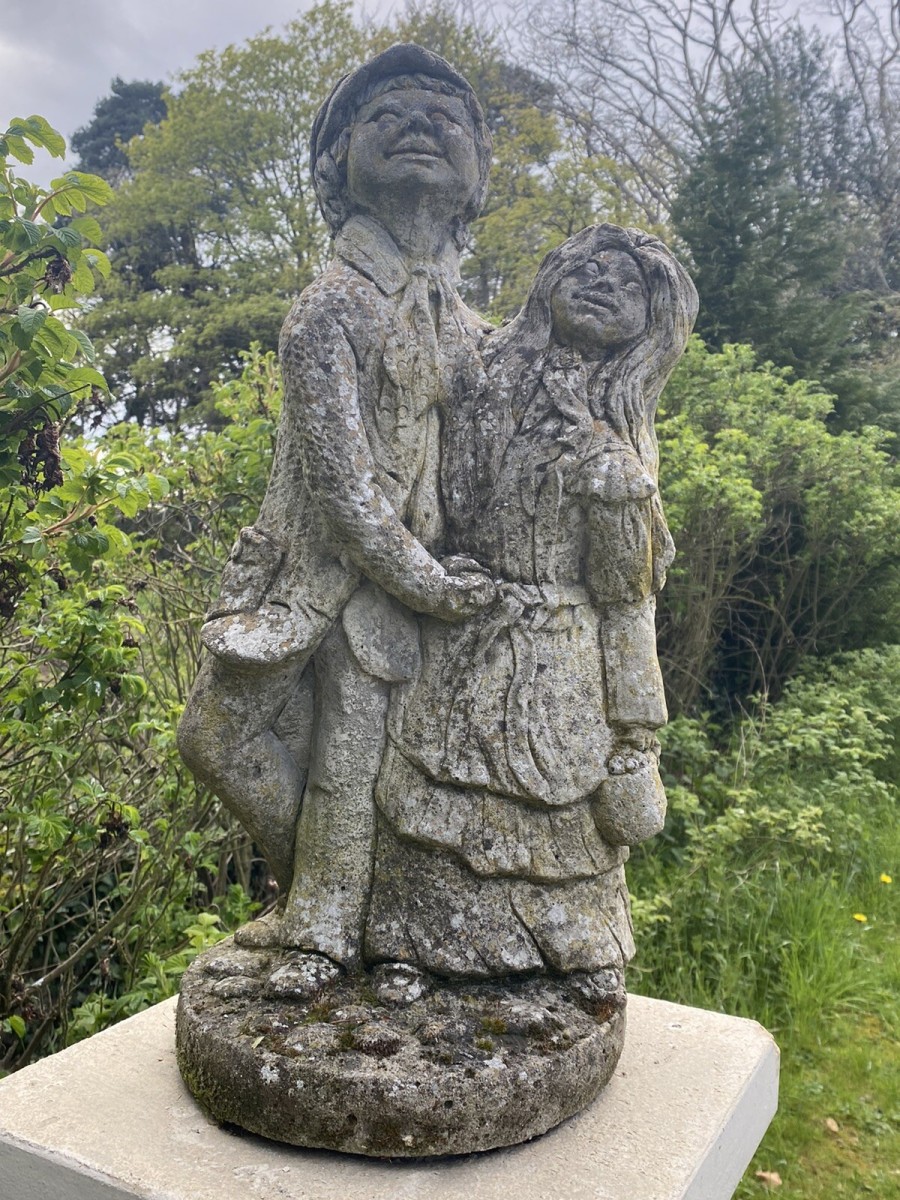 Primary image for Vintage Jolly Farmer And His Wife Embracing Garden Statue