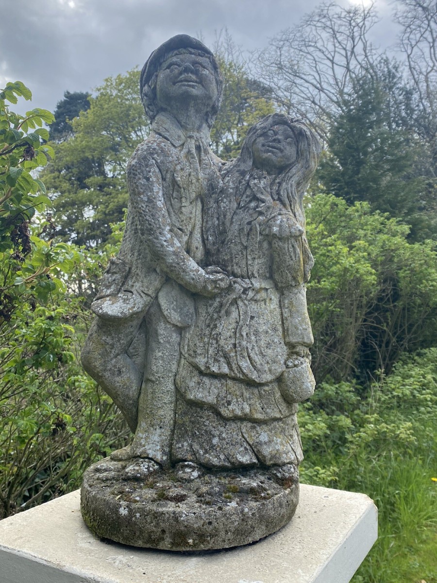 Vintage Jolly Farmer And His Wife Embracing Garden Statue