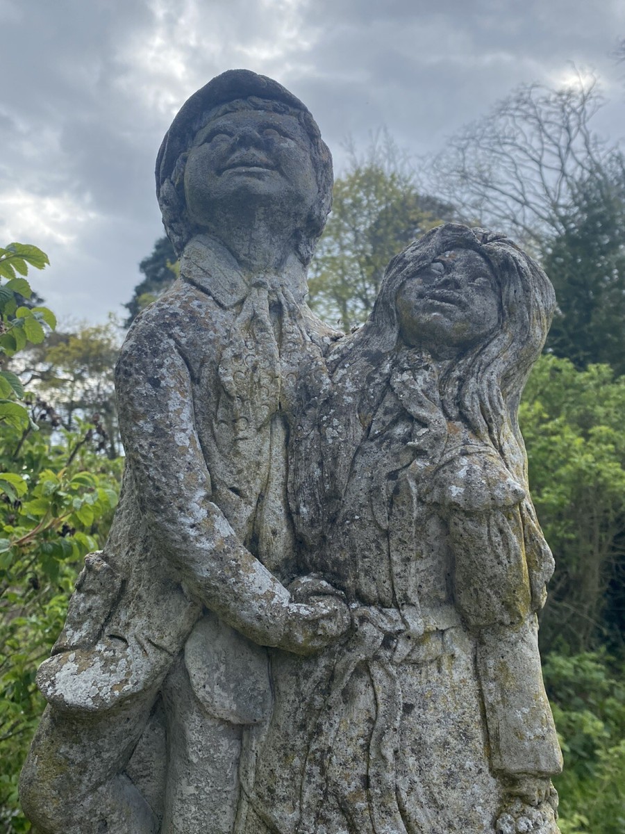 Vintage Jolly Farmer And His Wife Embracing Garden Statue