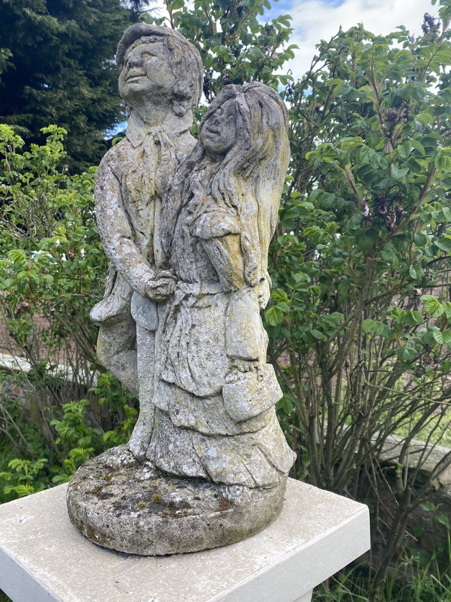 Vintage Jolly Farmer And His Wife Embracing Garden Statue