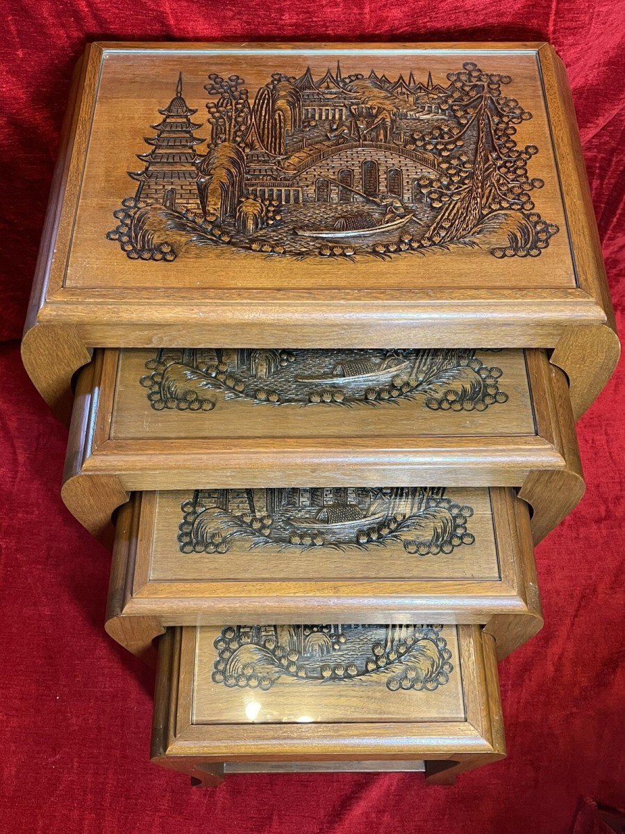 Primary image for Oriental Teak Nest Of Four Tables With Mudiao Fretwork Temple Landscape Tops