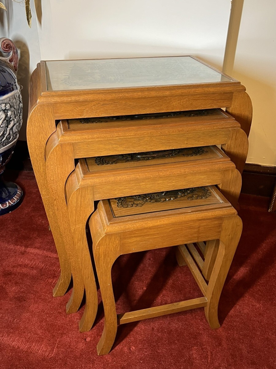 Oriental Teak Nest Of Four Tables With Mudiao Fretwork Temple Landscape Tops