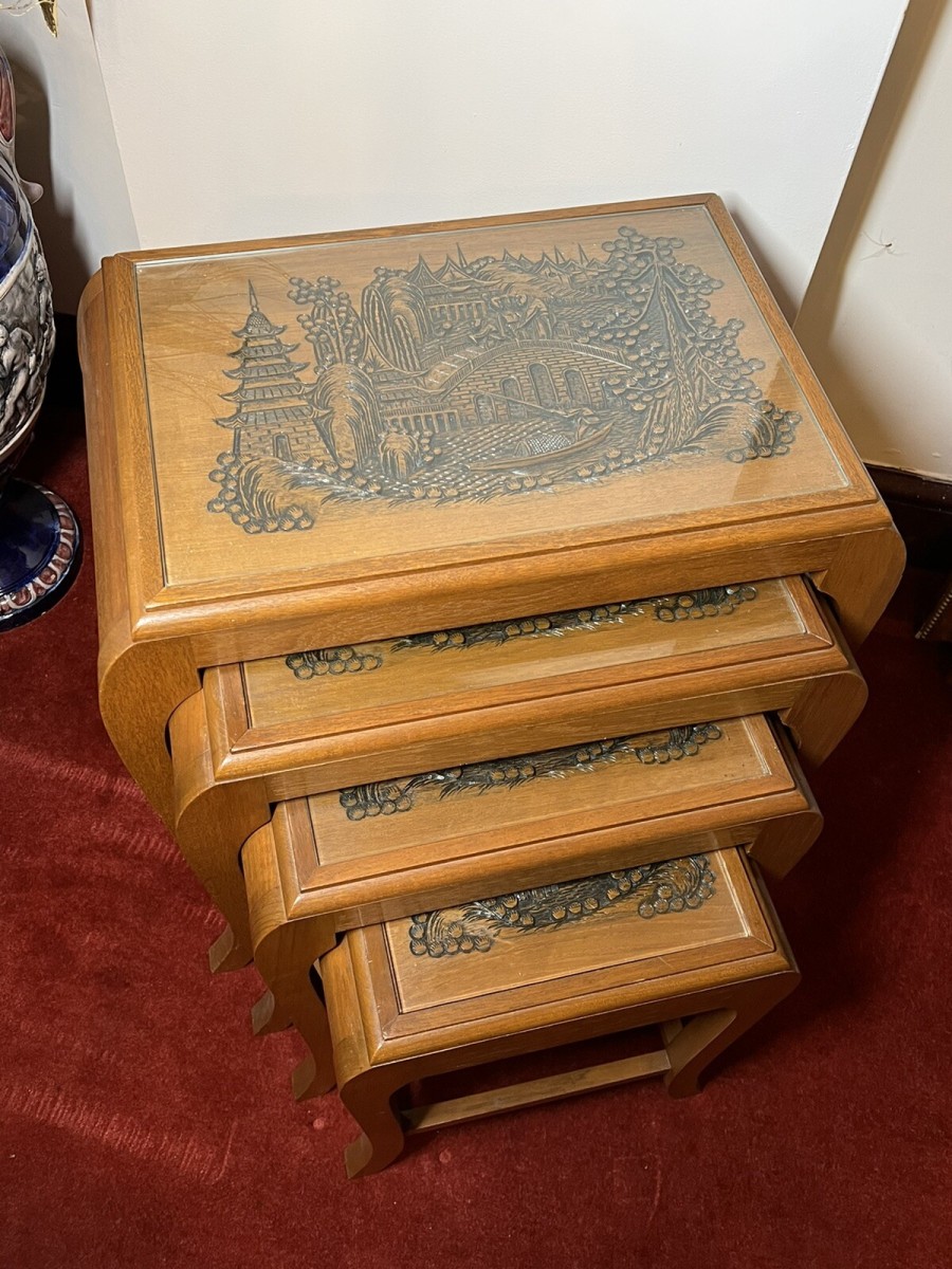 Oriental Teak Nest Of Four Tables With Mudiao Fretwork Temple Landscape Tops