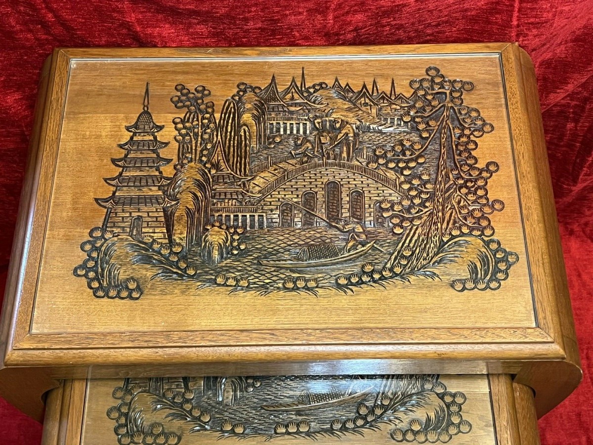 Oriental Teak Nest Of Four Tables With Mudiao Fretwork Temple Landscape Tops
