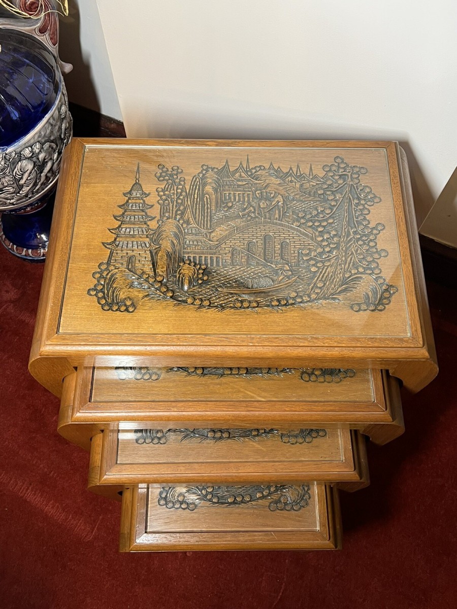 Oriental Teak Nest Of Four Tables With Mudiao Fretwork Temple Landscape Tops