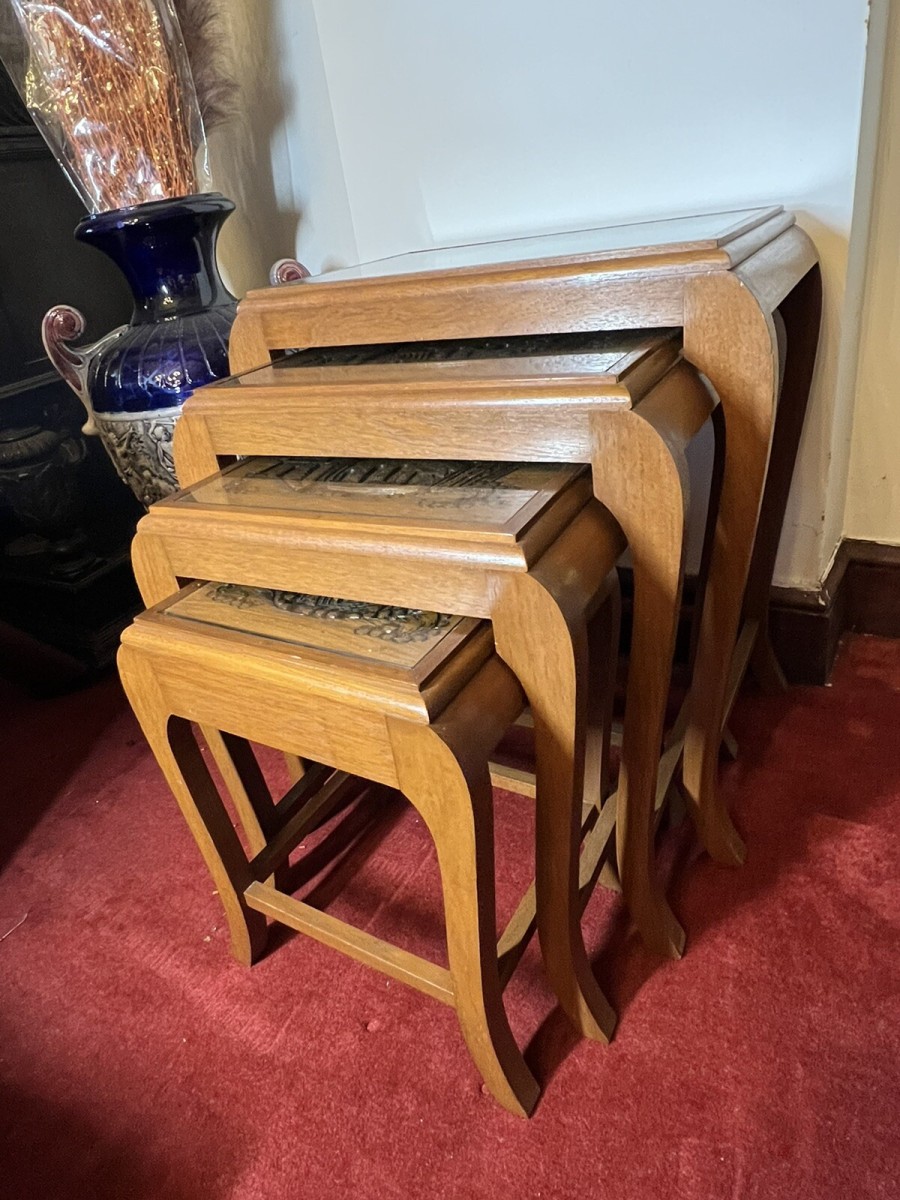 Oriental Teak Nest Of Four Tables With Mudiao Fretwork Temple Landscape Tops