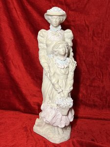 Sculptor Alice Heath Victorian Figural Sculpture Showpiece Of Mother And Daughter Circa - 20th Century Composition - Chalk-ware Listing Description Stunning Large Original 1980's Figurative Sculpture By Alice Heath Under Austin Productions. Wonderful Subject Of Victorian Mother And Daughter In Clothing Of The Period. Cast In Hand Sculpted Mould From Chalk Ware Composite With Feminine Colour Accents Of Pale Pink And Blue. Mother Figure Stands Behind Daughter Which Stands Holding Large Flower Basket. Signed Condition - Pristine Dimensions In Inches Height 20.5" Width 17" Depth 9"