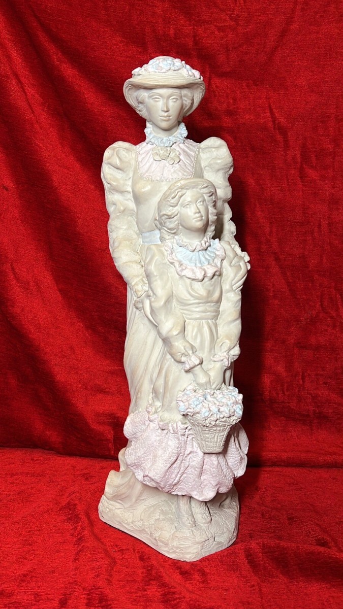 Alice Heath Chalkware Sculpture Of Victorian Embracing Mother & Daughter Signed