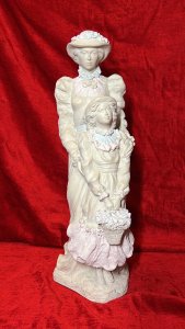 Sculptor Alice Heath Victorian Figural Sculpture Showpiece Of Mother And Daughter Circa - 20th Century Composition - Chalk-ware Listing Description Stunning Large Original 1980's Figurative Sculpture By Alice Heath Under Austin Productions. Wonderful Subject Of Victorian Mother And Daughter In Clothing Of The Period. Cast In Hand Sculpted Mould From Chalk Ware Composite With Feminine Colour Accents Of Pale Pink And Blue. Mother Figure Stands Behind Daughter Which Stands Holding Large Flower Basket. Signed Condition - Pristine Dimensions In Inches Height 20.5" Width 17" Depth 9"