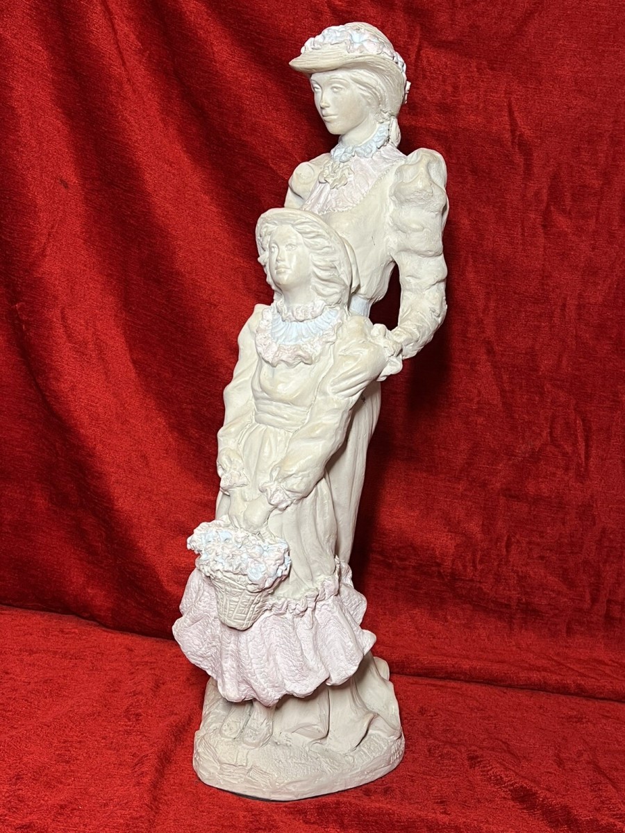 Alice Heath Chalkware Sculpture Of Victorian Embracing Mother & Daughter Signed