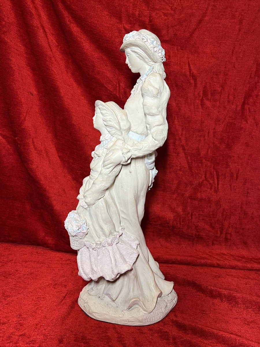Alice Heath Chalkware Sculpture Of Victorian Embracing Mother & Daughter Signed