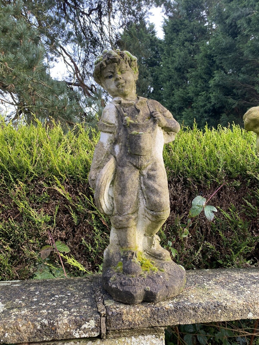 Primary image for Country Estate Gardening Boy With Straw Bower Weathered Stone Garden Sculpture