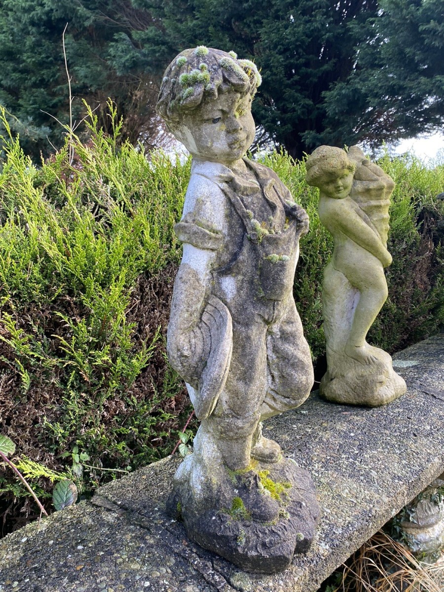 Country Estate Gardening Boy With Straw Bower Weathered Stone Garden Sculpture