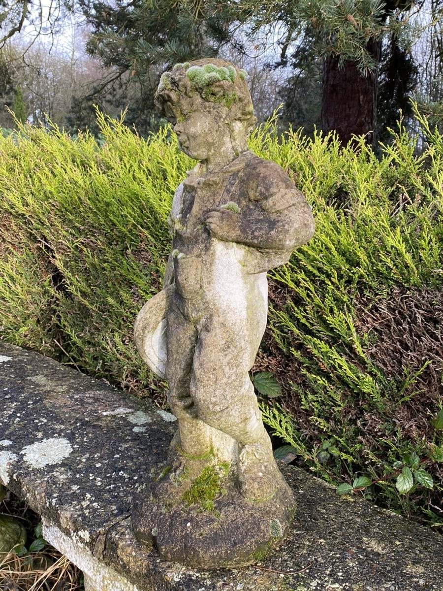 Country Estate Gardening Boy With Straw Bower Weathered Stone Garden Sculpture