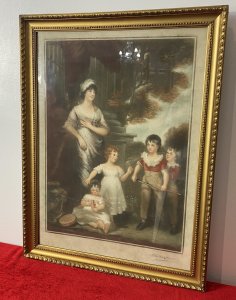 Period Mezzotint Depicting Lady Lambton And Family After John Hoppner RA Signed Circa - 1915 Composition - Mezzotint Upon Vellum Brief Artist History John Hoppner 4th April 1758 - 23rd January 1810 English Portrait School Painter During The Late 18th And Early 19th Century Influenced And Emulated The Earlier Style/Works Of Sir Joshua Reynolds. John Entered As A student At The Royal Academy in 1775. In 1778 He Achieved A Silver Medal For Life Drawing And In 1782 He Won The Academy's Highest Award The Gold medal For Historical Painting. He First Exhibited At The Royal Academy in 1780. His Earlier Interest Was For Landscape But Necessity Urged Him To Move To The more Lucrative Work Of Portrait Painting. At Once Successful He Had Throughout His Life The Most Fashionable And Wealthy Sitters And Was The gReatest Rival Of The Kings Painter Thomas Lawrence. The Prince Of Wales Especially Patronised Him, And Many Of his Finest Portraits Hang In The State Apartments Of St. James Palace. Listing Description A Rare Original Mezzotint Portrait After Original Oil Painting By John Hoppner RA. This Mezzotint Depicts A Group Portrait Of Lady Anne Lambton And Family. Lady Lambton Stands Whole Length Next To Stone Pillar. Her Two Daughters Stand In Front of Her, The Younger Daughter Sitting On The Ground Playing With Her Shoe beside Tamberine And Decorative Stone Urn. Two Sons On The Left, The Younger Sheltering Behind The Elder Whom Unsheathes A Sword, Alarming The Elder Daughter. Set In Landscape After John Hoppner RA. This Mezzotint Print Is One Of 375 Impressions Before The Printing Plate Was Destroyed. Hand Coloured And Signed (Botton Right) By Engraver E E MILNER. Set In Glazed Gilt Wood Frame. Dimensions In Inches Height 24 1/4" Width 18.5"