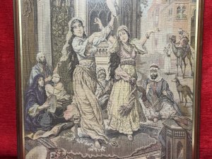 Middle Eastern Arabian Nights Silk Work Tapestry Composition - Hand Woven Silk Thread Listing Description Stunning Silk Hand Woven Needlepoint Tapestry Showing A Pair Of Arabian Women Dancers, Stood Posed On Elaborate Persian Rug, Surrounded By Musicians Playing Instruments In Architectural Landscape. Tapestry Set In Mahogany Frame. Dimensions In Cms Height 49cm X Width 49.5cm