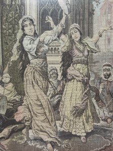 Middle Eastern Arabian Nights Silk Work Tapestry Composition - Hand Woven Silk Thread Listing Description Stunning Silk Hand Woven Needlepoint Tapestry Showing A Pair Of Arabian Women Dancers, Stood Posed On Elaborate Persian Rug, Surrounded By Musicians Playing Instruments In Architectural Landscape. Tapestry Set In Mahogany Frame. Dimensions In Cms Height 49cm X Width 49.5cm