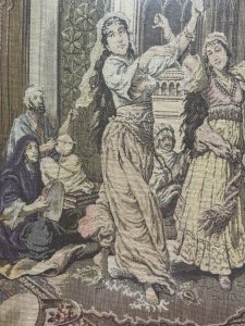Middle Eastern Arabian Nights Silk Work Tapestry Composition - Hand Woven Silk Thread Listing Description Stunning Silk Hand Woven Needlepoint Tapestry Showing A Pair Of Arabian Women Dancers, Stood Posed On Elaborate Persian Rug, Surrounded By Musicians Playing Instruments In Architectural Landscape. Tapestry Set In Mahogany Frame. Dimensions In Cms Height 49cm X Width 49.5cm