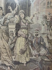 Middle Eastern Arabian Nights Silk Work Tapestry Composition - Hand Woven Silk Thread Listing Description Stunning Silk Hand Woven Needlepoint Tapestry Showing A Pair Of Arabian Women Dancers, Stood Posed On Elaborate Persian Rug, Surrounded By Musicians Playing Instruments In Architectural Landscape. Tapestry Set In Mahogany Frame. Dimensions In Cms Height 49cm X Width 49.5cm