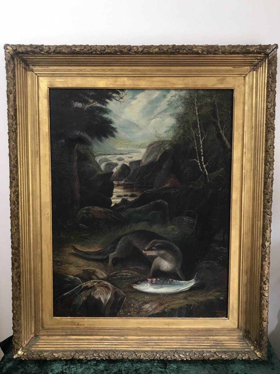 Primary image for Fine Oil On Canvas Painting Otter Eating A Fish On The Bank Of Loch Lomond