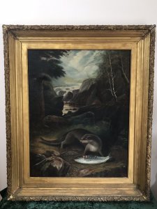 Fine Landscape Oil On Canvas Painting Otter Eating A Fish On The Bank Of Loch Lomond Wonderful Perspective Of Loch And Foliage Vibrant Colours Of Paintwork And Technical Detail Excellent Victorian Splendour Rare Subject Stunning Natural Wonder Dimensions In Inches Canvas Height 36” Canvas Width 28” Frame Height 47” Frame Width 39” Signed And Dated By The Artist A T Mathews 1903 Exhibited At Ardross Castle In 1933