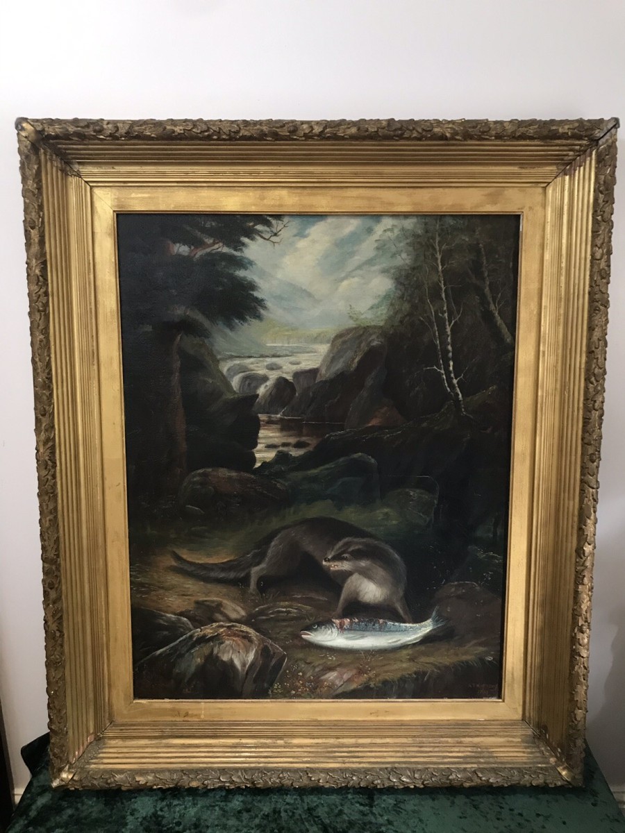 Fine Oil On Canvas Painting Otter Eating A Fish On The Bank Of Loch Lomond