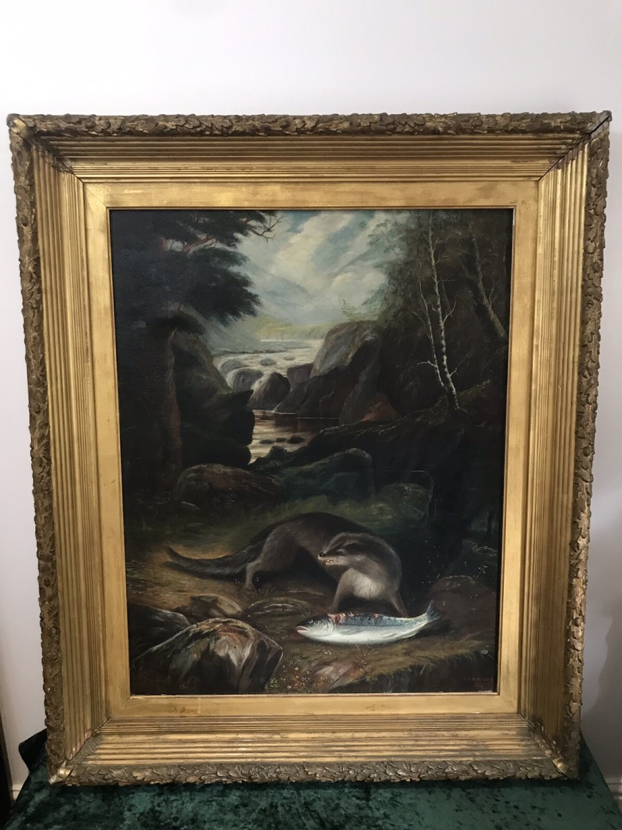Fine Oil On Canvas Painting Otter Eating A Fish On The Bank Of Loch Lomond
