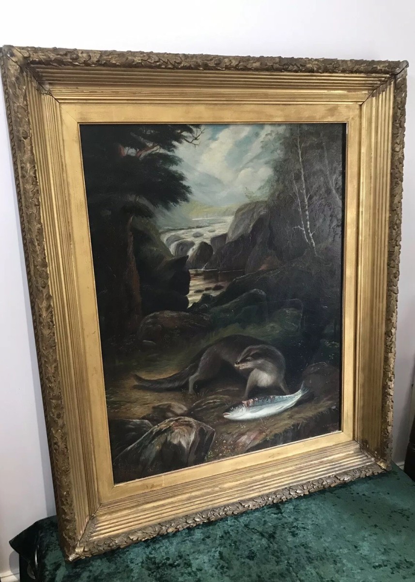 Fine Oil On Canvas Painting Otter Eating A Fish On The Bank Of Loch Lomond