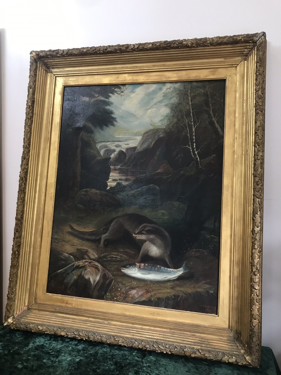 Fine Oil On Canvas Painting Otter Eating A Fish On The Bank Of Loch Lomond