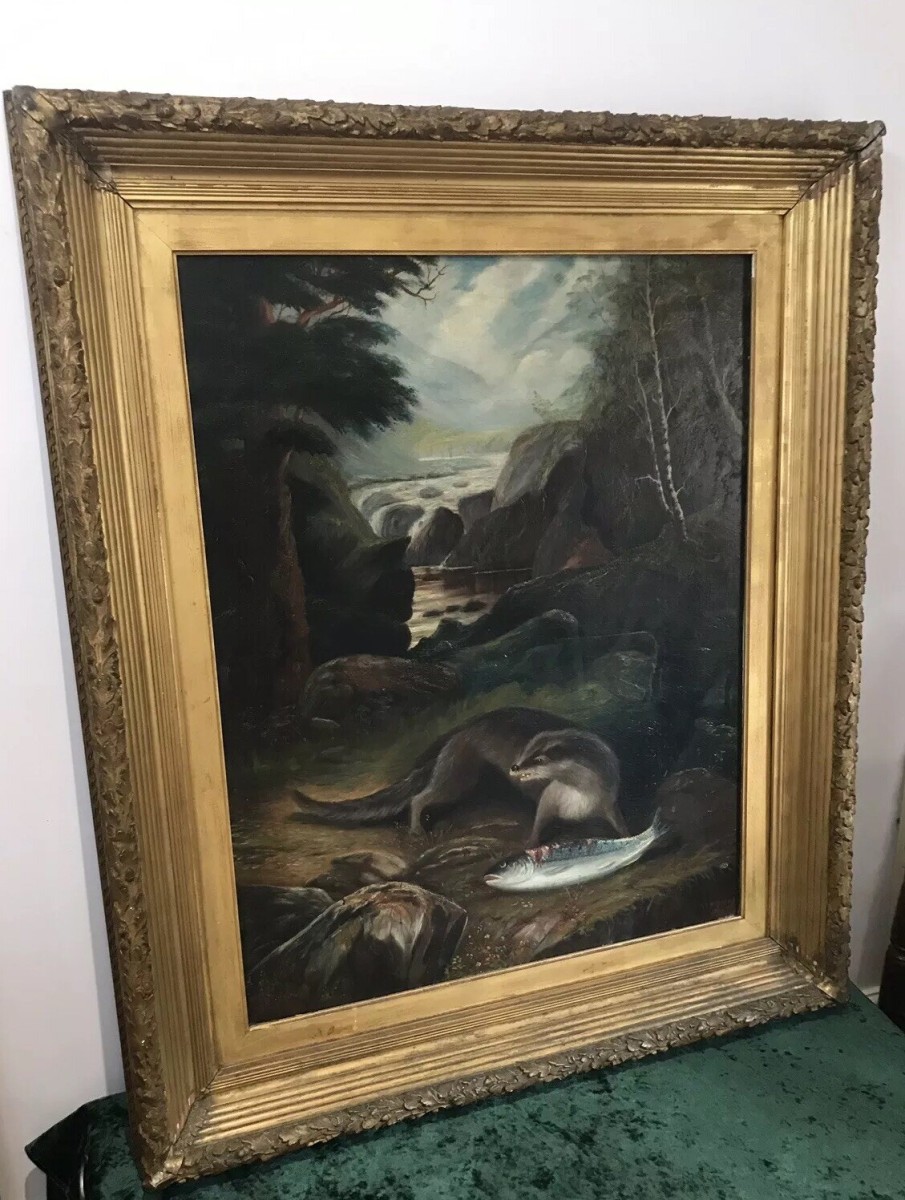 Fine Oil On Canvas Painting Otter Eating A Fish On The Bank Of Loch Lomond