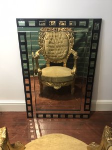 Art Deco Style Large Reproduction Pier Glass Mirror Black Glass Background With Hand Cut Glass Mirrored Square Panels All Around The Edge In Stunning Art Deco Style Back Lining In Black Velvet With Wall Hanging Hooks To Hang Landscape Or Portrait Large Size And Heavy Quality Pristine Condition Dimensions In Inches Height 47 1/4” Width 31.5” Depth 3/4”