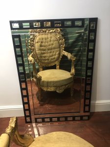 Art Deco Style Large Reproduction Pier Glass Mirror Black Glass Background With Hand Cut Glass Mirrored Square Panels All Around The Edge In Stunning Art Deco Style Back Lining In Black Velvet With Wall Hanging Hooks To Hang Landscape Or Portrait Large Size And Heavy Quality Pristine Condition Dimensions In Inches Height 47 1/4” Width 31.5” Depth 3/4”