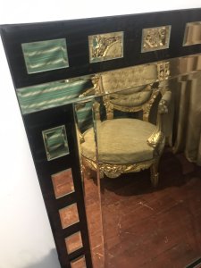 Art Deco Style Large Reproduction Pier Glass Mirror Black Glass Background With Hand Cut Glass Mirrored Square Panels All Around The Edge In Stunning Art Deco Style Back Lining In Black Velvet With Wall Hanging Hooks To Hang Landscape Or Portrait Large Size And Heavy Quality Pristine Condition Dimensions In Inches Height 47 1/4” Width 31.5” Depth 3/4”
