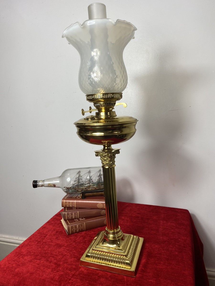 Brass Corinthian Column Table Oil Lamp With White Opaque Glass Funnel & Shade